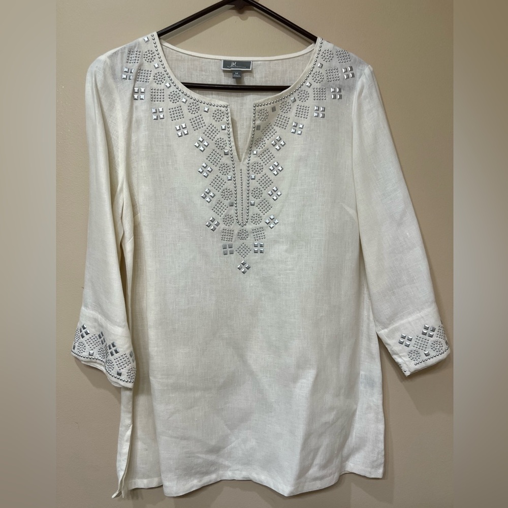 JM Collection, 100% linen tunic, size M, white, like new barely used, elegant